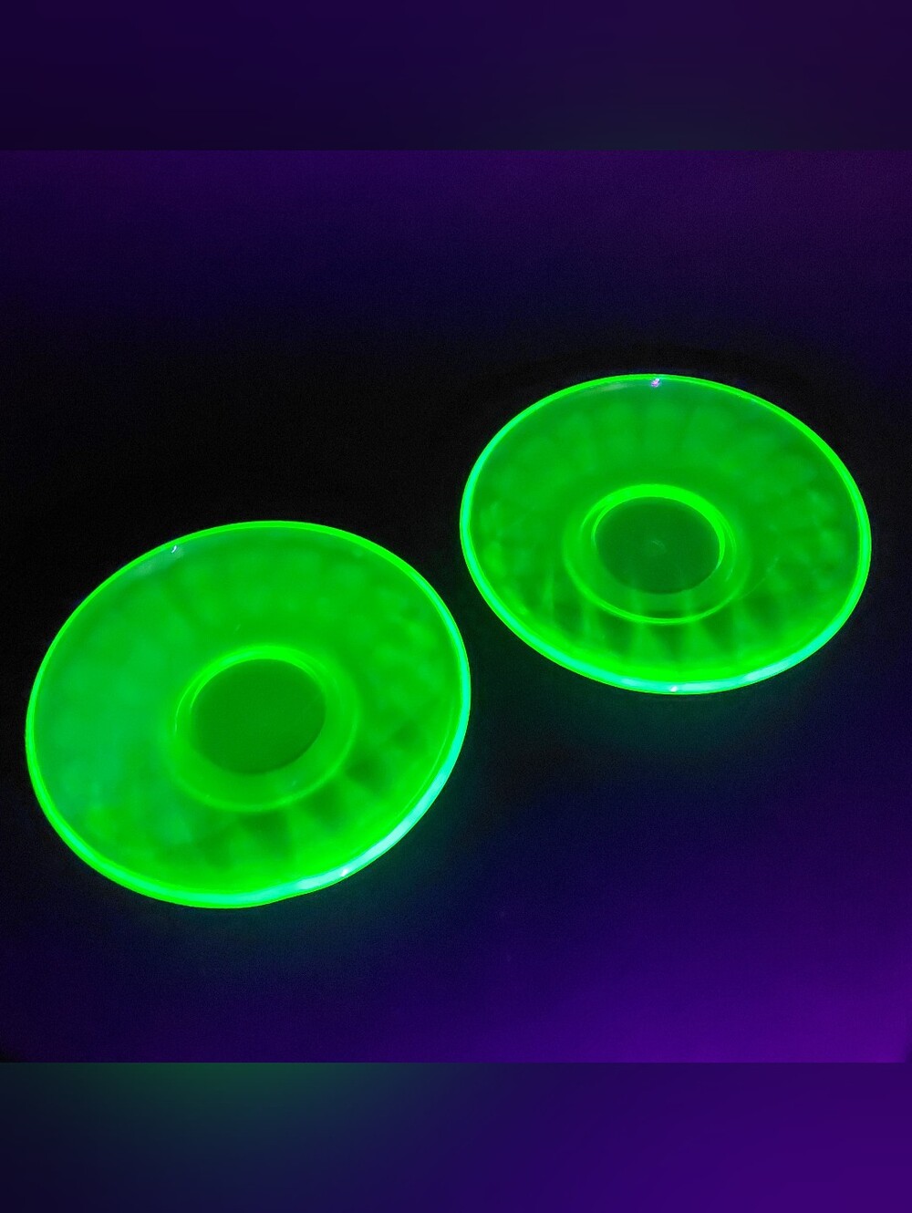 Vintage 1930s Federal Glass Hostess Green Uranium Glass Saucers Set of 2